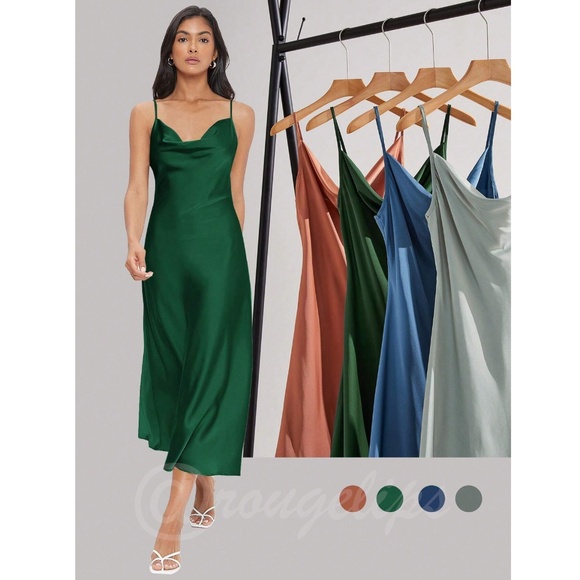 Green Satin Cami Dress Midi Adjustable Spaghetti Straps - Picture 6 of 8